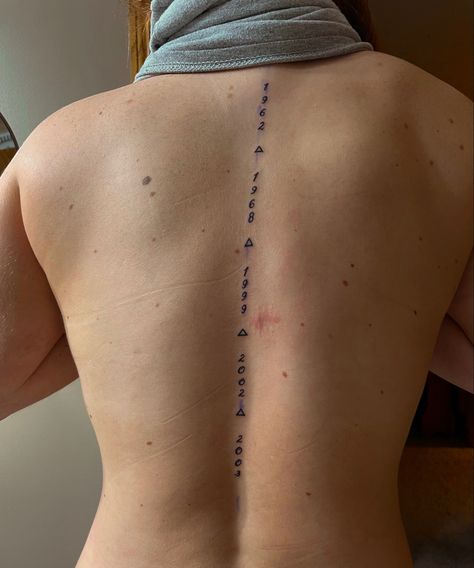 Spine tattoo Back Family Tattoo, Family Dates Tattoos, Family Back Tattoo, Date Of Birth Tattoos Children, Birthday Date Tattoos, Tattoo Espalda, Blessed Tattoos, Kid Dates, Around Arm Tattoo