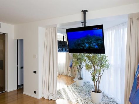 Tv From Ceiling, Tv Hanging From Ceiling, Tv Ceiling Mount, Hanging Tv, Ceiling Tv, Basement Bedroom, Rack Tv, Tagaytay, Home Theater Rooms