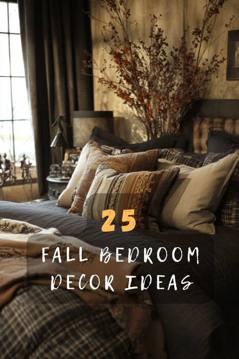 Discover how to transform your bedroom into a cozy fall retreat. Click for the top 25 fall bedroom decor ideas that will make your space warm and inviting. 🍂🛏️ #FallDecor #BedroomIdeas #HomeStyle #AutumnVibes #CozyHome Fall Master Room Decor, Fall Bedding Bedrooms Cozy, Fall Bedding Bedrooms, Fall Bedroom Ideas, Autumn Interior, Fall Bedroom Decor, Cozy Fall Bedroom, Fall Bedding, Bedroom Decor Cozy