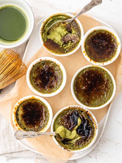 Creamy, bittersweet matcha baked custard topped with a crunchy layer of caramelized sugar. This matcha creme brulee is the perfect combination of flavors and textures. Matcha Custard, Traditional French Desserts, Baked Custard, Caramelized Sugar, French Dessert, Custard Pie, Pastry Desserts, Asian Desserts, Classic Desserts