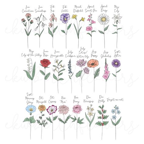 The entire birth flower collection! #tattooideas #floralart #floraltattoo #flowertattoo #botanicalart #botanicalillustration #botanicaltattoo #birthflower #birthflowers #bouquetofflowers #floraldrawing #ekwbirthflowers Birthflower Tattoo Birth Month, Birth Month Flower Bouquet, Flower Bouquet Tattoo, Tattoos Inspo, Flower Tattoo Drawings, Bouquet Tattoo, Watercolor Tattoos, Tasteful Tattoos, Birth Flower Tattoos