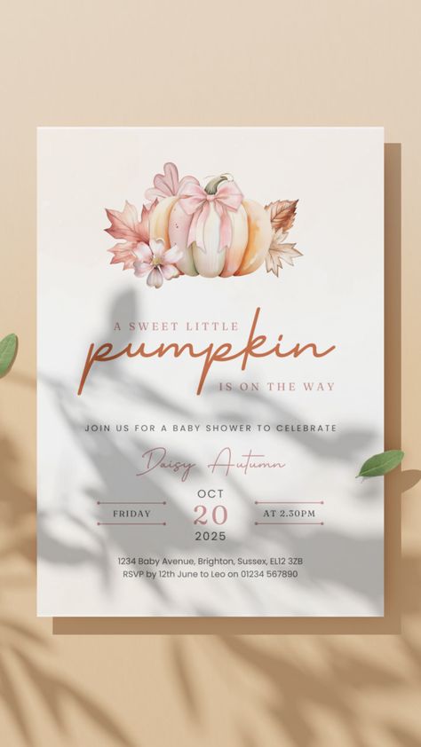 This baby shower invitation features a soft fall theme with a blend of rustic and feminine elements. The design includes charming pumpkins and delicate pink bows, along with the phrase "A sweet little pumpkin is on the way" written in elegant, playful script. The color palette highlights soft orange and pink tones, evoking the coziness of autumn while celebrating the arrival of a baby girl. Perfect for a warm, seasonal event. A Little Pumpkin Is On The Way Girl, A Little Pumpkin Is On The Way, Pink And Orange Theme, Bow Pumpkin, Orange Theme, Fall Pink, Small Gathering, Baby Shower Invitation Template, Pumpkin Baby