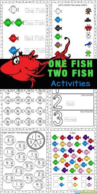 Have fun with these One Fish, Two Fish Activities which incorporate learning colors, and strengthening math and literacy skills for young children. These one fish two fish red fish blue fish activities are great for toddler, preschool, pre-k, and kindergarten age children to celebrate beloved children's book author Dr Seuss. Simply download pdf file with one fish two fish printables and you are ready to play and learn! One Fish Two Fish Activities Preschool, Red Fish Blue Fish Activities, One Fish Two Fish Activities, Subtraction Games Kindergarten, Dr Seuss Worksheets, Dr Seuss Printables Free, Dr Seuss Math, Little Red Hen Activities, Dr. Seuss Crafts