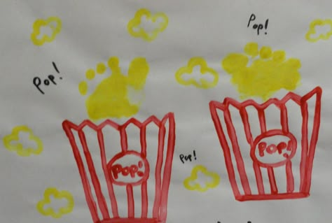 Pop corn - top part of feet - Candra Faulkner Popcorn Footprint Art, Popcorn Handprint Art, Infant Circus Crafts, Carnival Infant Crafts, Circus Handprint Art, Circus Footprint Art, Food Art For Infants, Circus Art For Infants, Circus Infant Art