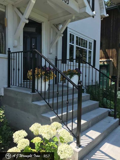 Outdoor Iron Staircase, Metal Rails For Front Porch, English Cottage Porch Railing, Outdoor Stair Railings Porch Steps, Wrought Iron Front Porch Railing, Exterior Iron Railing, Front Stair Railing Exterior, Wrought Iron Porch Railings Front Steps, Porch Step Railing Ideas