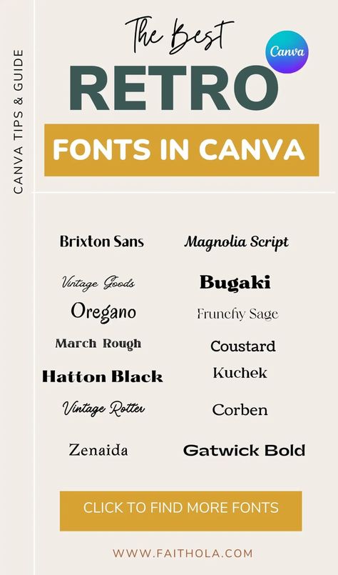 Best Canva font guide and retro fonts in canva Free Canva Fonts Retro, Canvas Fonts Combinations, Graphic Design Fonts Canva, Canva Free Fonts Combinations, Canva Fonts Keyword, Canva Font Combinations Free, Retro Font Combinations, Canva Keywords Font, Canva Retro Elements