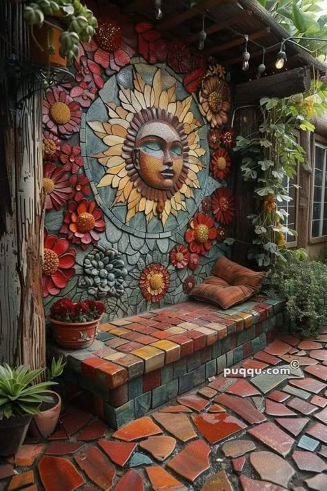 Boho Outdoor Space, Hippie House, Garden Mural, Hippie Garden, Hippie Homes, Boho Outdoor, Boho Garden, Garden Makeover, Mosaic Garden