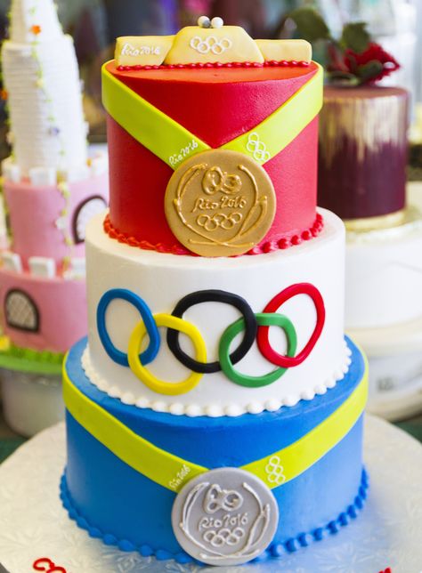 Olympics- Cake # 037. Olympic Theme Cake, Olympic Cake Ideas, Olympic Birthday Cake, Olympic Cake, Olympics Party, Sports Themed Cakes, Olympic Theme, Olympic Party, Babies Stuff