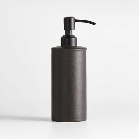 Soap Dispensers | Crate & Barrel Canada Elevate Bathroom, Black Soap Dispenser, Matte Black Accessories, Ceramic Shapes, Ceramic Soap Dispenser, Bathroom Tumbler, Apartment Items, Black Bath, Black Glaze