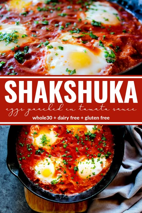 This Shakshuka (eggs poached in tomato sauce) is an easy and delicious savory breakfast dish. Of course it's perfect for dinner too. Plus it's Whole30 compliant, dairy free, and gluten free! via @thewholecook Poached Eggs In Tomato Sauce, Healthy Recipes Using Tomato Sauce, Roasted Tomatoes Breakfast, Eggs With Red Sauce, Keto Poached Egg Breakfast, Eggs In Red Sauce, Eggs Cooked In Tomato Sauce, Eggs In Tomatoes, Tomatoes Eggs Recipes