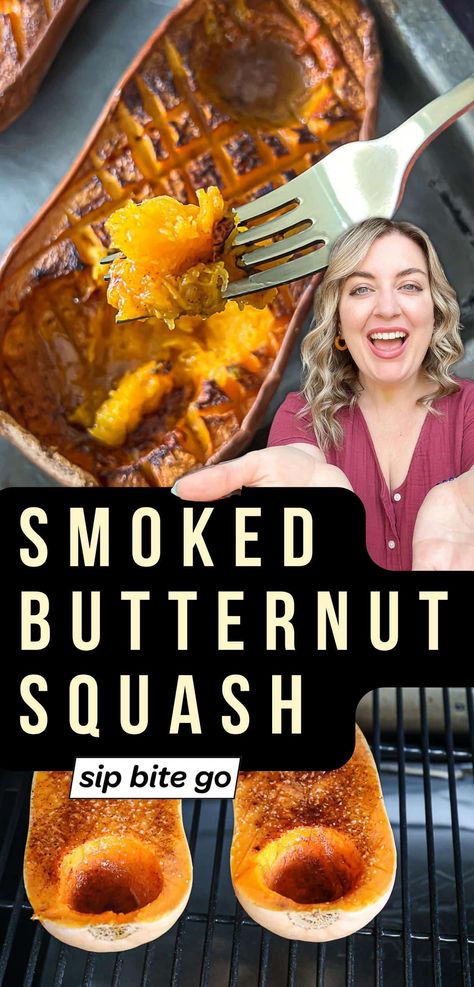 This smoked butternut squash is a must-try pellet grill side dish! Sip Bite Go’s butternut squash smoker recipe will be one of your next favorite side dishes. Smoking butternut squash packs a big layer of smokey flavor that is perfect for any smoker meal. Smoke on! | sipbitego.com Smoked Butternut Squash, Grilled Butternut Squash, Traeger Cooking, How To Cook Squash, Butternut Squash Cinnamon, Grilled Squash, Butternut Squash Recipe, Grilled Side Dishes, Butternut Squash Salad