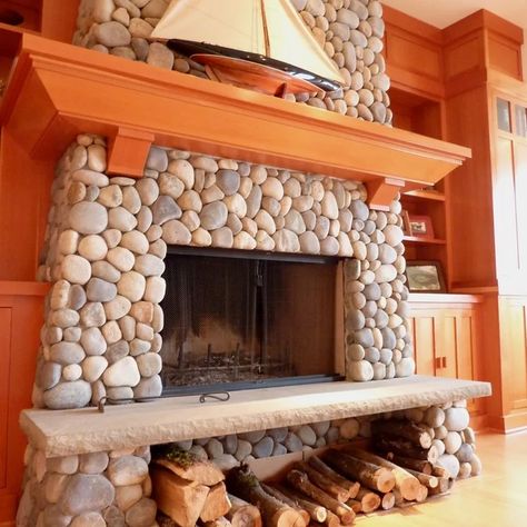 River Rock Veneer Fireplace, Painting River Rock Fireplace, River Rock Fireplace Makeover, River Rock Hearth Wood Stoves, River Rock Fireplace, Fireplace Rock Lowe's, Paintedriver Rock Fireplace, Fireplace Hearth Stone, Mediterranean Patio Ideas