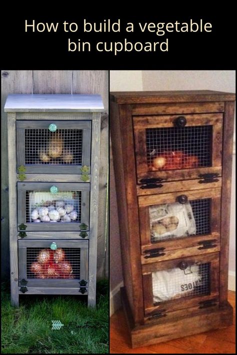 Do you need more kitchen storage? See this article for step-by-step instructions for building a vegetable bin cupboard. This project is so easy you should be done in a day or two! Potato Bin Diy, Potato Storage Bin, Diy Vegetable Storage, Bin Cupboard, Potato And Onion Bin, Vegetable Storage Bin, Potato Box, Diy Storage Projects, Potato Bin