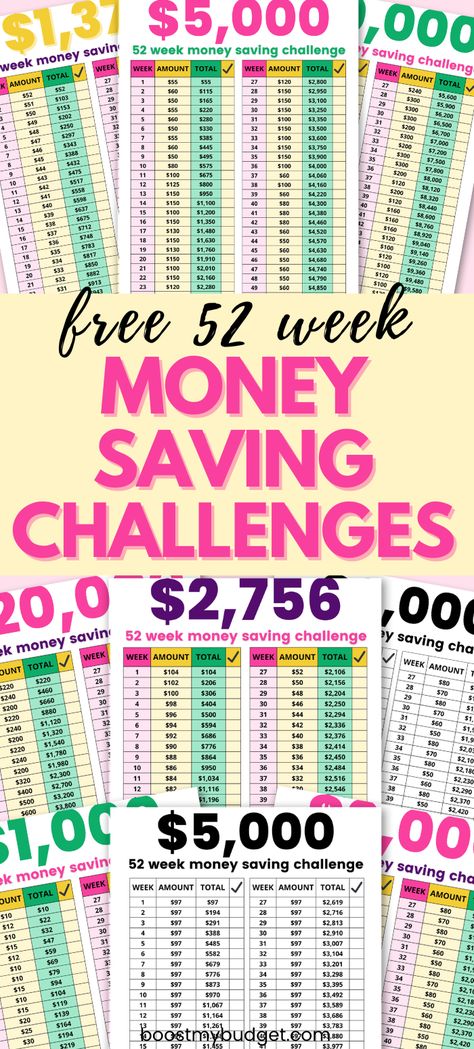 Are you serious about saving money? I've created 10 different versions of my popular 52 week money saving challenge printable to help you meet your savings goals and save more money this year! Whether you want to save $1000, $3000, $10000 or $20000 there's a money saving chart to break it down for you. If you are looking into new money saving methods then you should definitely consider one of these challenges. Click through now or pin for later! 52 Week Money Saving Challenge 5 Dollar, How To Save 1500 In Two Months, Saving Money Schedule, Monthly Savings Plan Challenges, Money Saving Chart Biweekly, Money Saving Goal Tracker, 365 Money Saving Challenge, Monthly Save Money Challenge, 52week Money Challenge