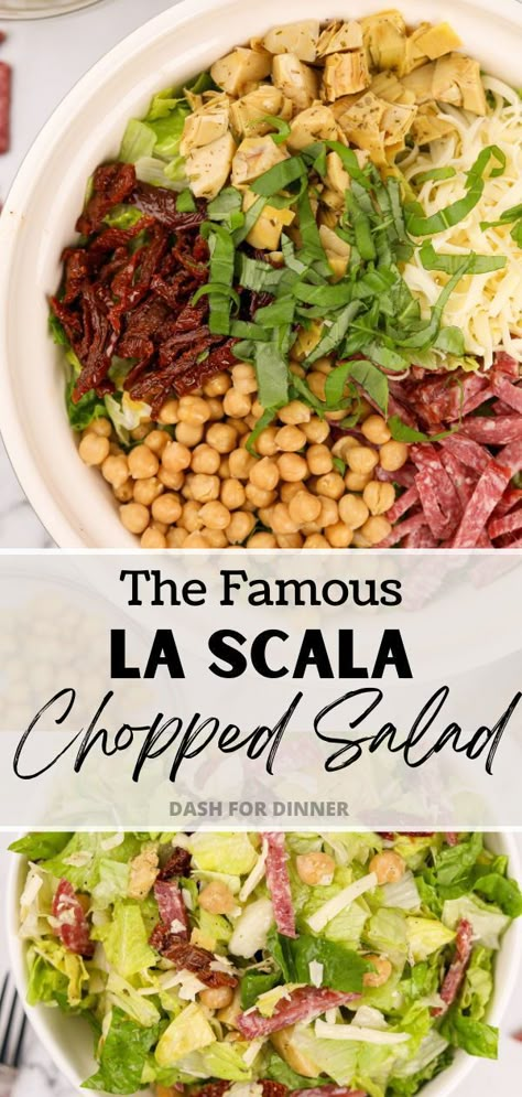 This famous La Scala Chopped Salad recipe is a favorite of the Kardashian clan, Leonardo DiCaprio, Elizabeth Taylor, Julia Roberts, and more! A popular Italian chopped salad recipe that features salami, mozzarella cheese, chickpeas, and the add-ins of your choice. This healthy salad recipe is perfect for dinner, or for bringing to a potluck. Cpk Chopped Italian Salad, Best Salad With Lasagna, Chickpea Lettuce Salad, Lascala Chopped Salad, Famous La Scala Chopped Salad, Rich And Charlie Salad Recipe, Escala Salad, Kardashian Salad With Salami, Lascala Salad