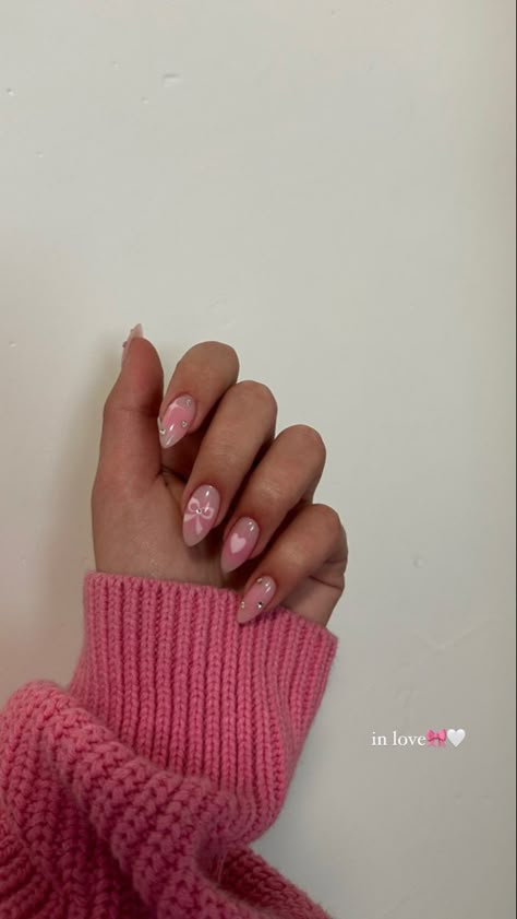 Cute Nails For Birthday Almond, Dainty Pink Nails, Pink Quince Nails Almond, Pearl Pink Acrylic Nails Almond, Birthday Nail Inspo Almond, Cute Valentines Day Nails, Nails Ideas Pink, Cute Nails For Valentines Day, Birthday Nails Almond