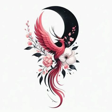 Phoenix Tattoo Feminine Hand, Cherry Blossom And Phoenix Tattoo, Cherry Blossom Phoenix Tattoo, Water Phoenix Tattoo, Phoenix Bird Tattoo Women, Phoenix And Moon Tattoo, Phoenix Moon Tattoo, Phoenix Shoulder Tattoo For Women, Tattoo Phoenix Design