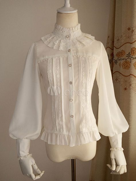 Lolitashow White Chiffon Lolita Blouse Long Gigot Sleeves Ruffles Stand Collar High Collar Shirts, Women Chiffon Blouse, Leg Of Mutton Sleeve, High Neck Blouse, Vintage Princess, White Chiffon, Mori Girl, Gothic Outfits, Chiffon Shirt