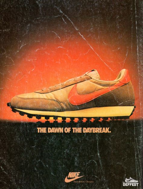 Nike Daybreak vintage sneaker ad @ The Deffest Vintage Sneaker Ads, Vintage Nike Ads, Nike Banner, Nike Posters, Sneaker Ads, Nike Ads, Shoes 90s, Nike Poster, Nike Daybreak