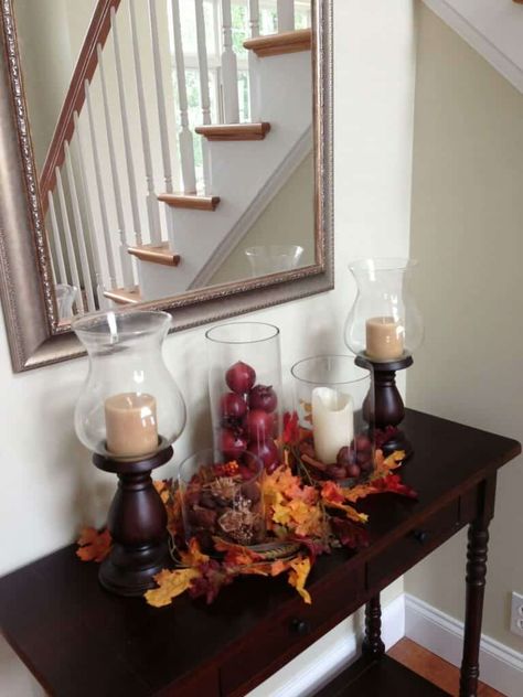 23 Amazing Ways To Style Your Console Table With Fall Decor Fall Decor Entryway Table, Coffee Table Fall Decor, Fall Entry Table Decor, Fall Entry Table, Table Fall Decor, Modern Fall Decor, Entry Table Decor, Fall Coffee Table, Console Table Decorating