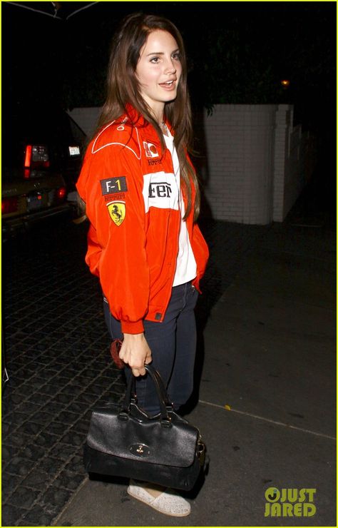 Lana Del Rey Ferrari, Red Ferrari Jacket, Lana Del Rey Photos, Ferrari Vintage, Red Ferrari, Ferrari Jacket, Racing Jackets, Chateau Marmont, August 1st