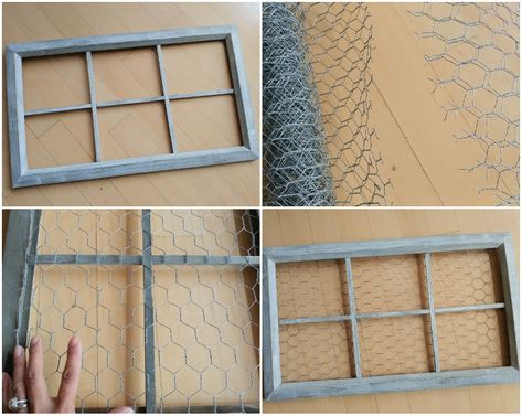 DIY Chicken Wire Window Home Décor - DIY Inspired Window Frame With Chicken Wire, Old Windows With Chicken Wire, Chicken Wire Window Frame Decor, Chicken Wire Crafts Diy, Chicken Wire Display, Apartment Diys, Chicken Wire Picture Frame, Chicken Wire Projects, Homemade Candle Holders