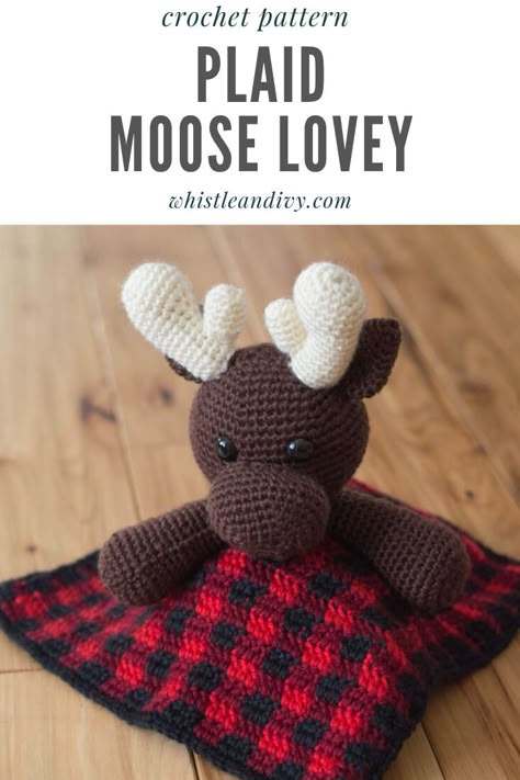 Is there someone in your life who needs this plaid moose lovey?  Snag this free pattern and work up this amazing lovey.  Try using different colors to make this a gift for different seasons.  This is also a great gift for a new addition to you or a friend of your family.    #whistleandivy #babygifts #plaidlovey Woodland Lovey Crochet Pattern, Amigurumi Moose Free Pattern, Crochet Christmas Lovey Free Pattern, Crochet Moose Blanket, Lovely Blanket Crochet Free Pattern, Free Lovey Pattern, Moose Lovey Crochet Pattern Free, Animal Lovey Crochet Pattern, Free Crochet Lovey Pattern Easy