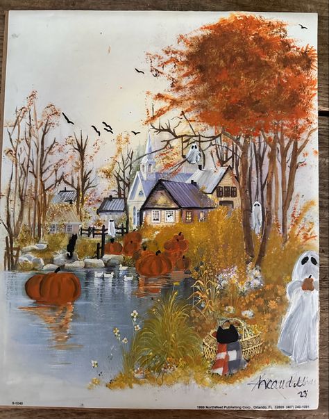 Ghosts On Thrifted Paintings, Goodwill Spooky Painting, Paint Ghosts On Pictures, Thrift Store Painting Upcycle Ghost, Thrift Painting Halloween, Thrifted Halloween Painting, Goodwill Ghost Painting, Ghost Painting Thrift Store, Thrifted Ghost Painting Trend