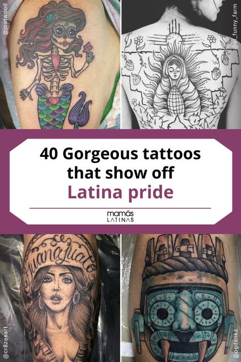 40 Gorgeous tattoos that show off Latina pride: For Latinas, it's a perfect way to show our connection to our roots, and our love for our culture. Here are the best tatttoos that show off your Latino culture and pride. #bodyart #tattoos #tattoostyle #tattoopattern #latinas Big Back Tattoos, Latina Tattoo Ideas, Mexican Heritage Tattoos, Latina Tattoo, Spanish Tattoos, Latin Tattoo, Mexico Tattoo, Pretty Flower Tattoos, Latino Culture