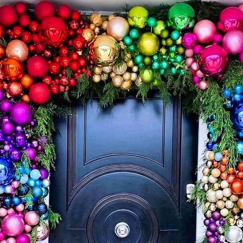 Coming Soon!! on Instagram: "How beautiful are these doorway displays? 🎄⛄ #christmas #ornaments #christmasdecorations #christmastree #christmas2021 #christmasballoons #winter #decor #baubles#instagram #instagood #instadaily #inspiration #beautiful #photooftheday #lfl #likeforlikes" Christmas Door Archway, Doorway Christmas Decor, Garland Inspiration, Hotel Christmas, Christmas Staircase Decor, Christmas Arch, Rainbow Ornaments, Christmas Staircase, Rainbow Christmas