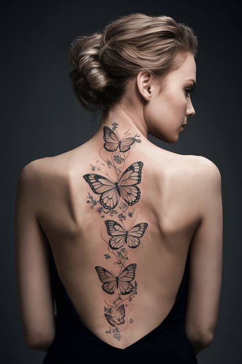 Explore the world of spine tattoos for women, where elegance meets meaning. These designs often feature delicate butterflies, representing transformation and freedom, making them a unique and spiritual choice. From simple silhouettes to intricate details, each tattoo can reflect personal values or memorable quotes. Consider incorporating elements like flowers or cross designs for added significance. Dive into this art form that beautifully combines style and meaning. Tattoos For Women Delicate, Elegant Spine Tattoos For Women, Elegant Spine Tattoos, Spiritual Elements, Single Line Tattoo, Flowers Quotes, Spine Tattoos For Women, Spine Tattoo, Spine Tattoos