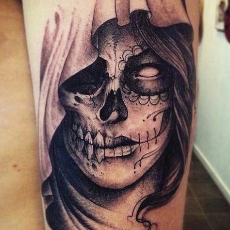 ♠♠ Day Of Dead Tattoo, Catrina Tattoo, Skull Girl Tattoo, Female Face Drawing, Chicano Tattoos, Sugar Skull Tattoos, Creepy Tattoos, Skull Tattoo Design, Hand Tattoos For Guys