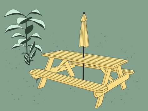 Picnic Table Illustration, Picnic Table Drawing, Sam Tattoo, Table Drawing, Portable Picnic Table, Journal Things, Village Map, Love Of Nature, Tent Site