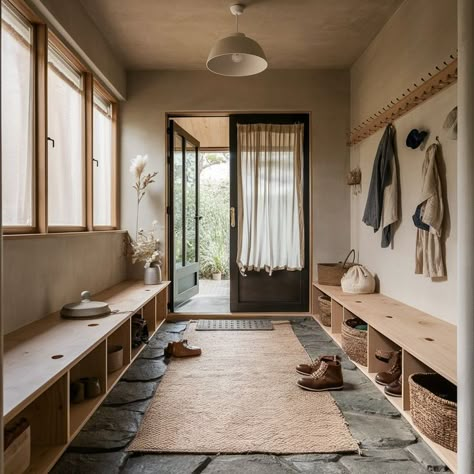 Japandi Hallway Storage, Mudroom Entrance Ideas, Japandi Cottage, Japandi Mudroom, Genkan Entrance, Japandi Entryway, Japanese Entryway, Minimalist Japandi, Mudroom Remodel