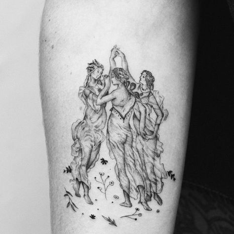 "#blackwork" 3 Graces Tattoo, Three Faces Tattoo, Three Graces Tattoo, 3 Graces, Grace Tattoos, Sister Tat, 12 Tattoos, Tatoo Inspiration, Soul Tattoo