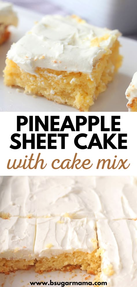 Sheet Cake Pan Recipes, Sheet Cake From Box Cake, Sheet Cake Recipes Easy, Cake Mix Sheet Cake Recipes, Pineapple Box Cake Mix Recipes, Cake Mix With Pineapple, Pineapple Cake Mix Recipes, Pineapple Cake Cream Cheese Frosting, White Cake Mix Desserts