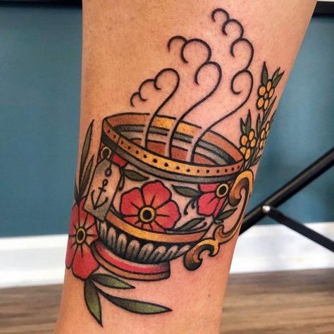 Eight Of Swords, Coffee Cup Tattoo, Traditional Tattoo Woman, Tea Tattoo, Teacup Tattoo, Traditional Tattoo Inspiration, Cup Tattoo, Coffee Tattoos, Traditional Tattoo Sleeve