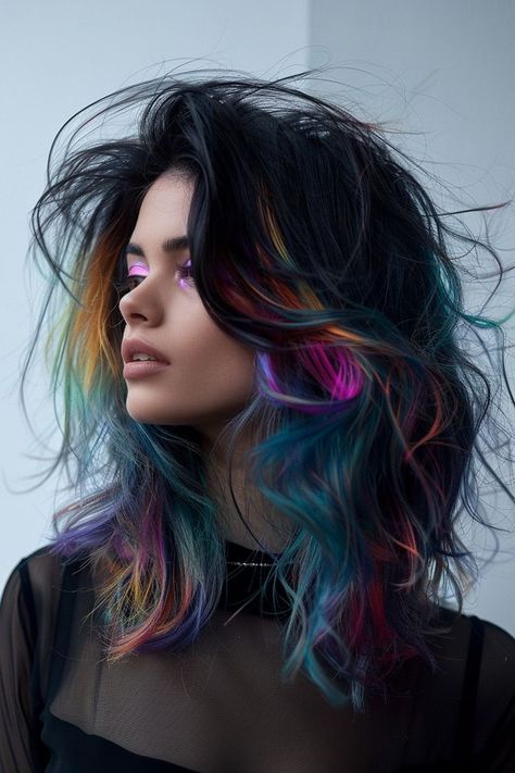 Black And Holographic Hair in 2024 Fantasy Color Hair, Dark Rainbow Hair, Fashion Color Hair, Mad Matter, Oil Slick Hair Color, Holographic Hair, Vivid Hair, Vivid Hair Color, Rainbow Hair Color