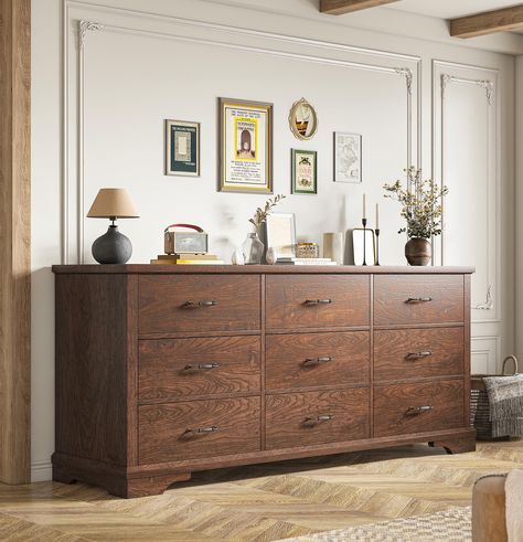 PRICES MAY VARY. 【Solid Wood Dresser for Use Anywhere in Your Home】: Dimensions :63" W x 15.7" D x 31.5"H. There are nine 21.7-inch wide drawers that are suitable for any storage needs in your home, making it easy to organize items in an organized way. This 9 drawer dressers can be used as a storage locker for extra clothes, quilts and pillows in your home, and you can put it anywhere you think is convenient, such as bedroom, living room, cloakroom and so on. Not only will it be a good organizer Wooden Dressers Bedroom, Bookshelf On Top Of Dresser, Dark Brown Wood Dresser, Narrow Dresser Bedroom, Light Brown Dresser Bedroom, Nine Drawer Dresser, Tv Dresser Living Room, 9 Drawer Dresser Bedroom, His And Her Dressers Master Bedrooms