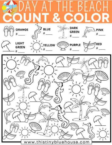 Free Printable Day At The Beach Count and Color Activity For Kids Beach Day Ideas For School, Beach Day Activities For Kindergarten, Beach Day School, Beach Day At School, Beach Activities For Kids, Beach Printables, Find The Hidden Objects, Color Activity, Beach Week