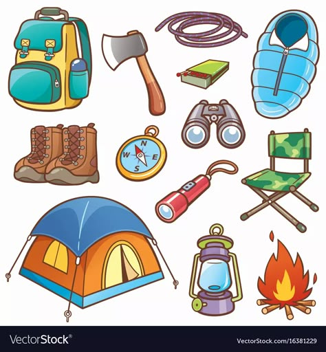 Camping equipment vector image Camping Week, Camping Cartoon, Camping Stickers, Camping Icons, Camping Clipart, Travel Clipart, Camping Decor, Camping Supplies, Camping Theme