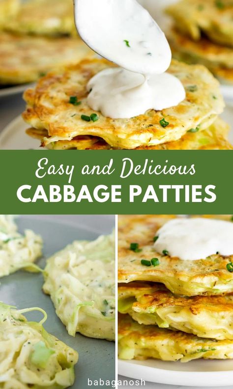 Here's a delicious cabbage recipe you have to try -- Easy and yummy cabbage fritters with garlicky dip! These fried cabbage patties are filled with flavor from onion, garlic and oregano and are so simple to make. If you need a vegetable side dish for family dinner, definitey give these vegetable fritters a try. They're seriously the best cabbage pancakes, ever! Light Cabbage Recipes, Vegan Cabbage Patties, Fried Cabbage Fritters, Fried Cabbage Steaks Recipe, Cabbage Sauce Recipes, Cabbage Potato Onion Recipes, Fried Vegetable Patties, Cone Cabbage Recipes, Curly Cabbage Recipes