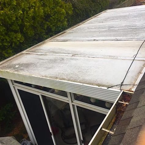 Repair a Patio Enclosure Roof Leak - Fast and Easy - AsktheBuilder.com Flat Roof Repair, Roof Leak, Polycarbonate Roof Panels, Roof Sealant, Sliding Glass Doors Patio, Conservatory Roof, Glass Doors Patio, Patio Enclosures, Porch Roof