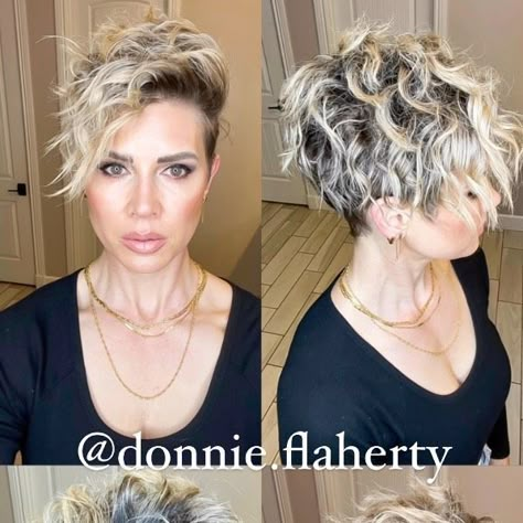 @donnie.flaherty on Instagram: "Pixie Curls are so fun and a great way to switch up your style! I typically use a flatiron to curl my hair but decided to use my new 1/2 inch curling iron to create smaller, tighter curls. I’m loving how fun they turned out! I was able to go several days with this style without having to wash my hair🙌🏼 Products used: @lange Rival Heat Shield Velcro Hair Grypper @stylecraftpro 1/2 inch 24K Gold Style Stix - Long Barrel Spring Curling Iron @kenraprofessional Tex Pixie Curled Hairstyles, How To Curl Long Pixie Hair, Ways To Style Pixie Haircut, Curling A Pixie Haircut, How To Curl A Pixie Haircut, Donnie Flaherty, 2023 Pixie, Curled Pixie Cut, Pixie Curls