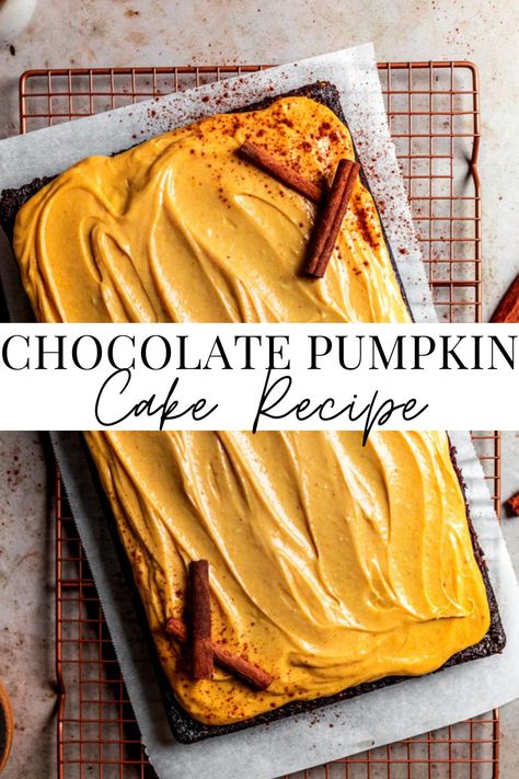 Pumpkin Chocolate Mousse Cake, Pumpkin Chocolate Cake Recipe, Chocolate Pumpkin Cake Recipe, Pumpkin Chocolate Desserts, Chocolate Fall Cake, Pumpkin And Chocolate Desserts, Fall Sheet Cake, Chocolate Pumpkin Desserts, Pumpkin Chocolate Cake