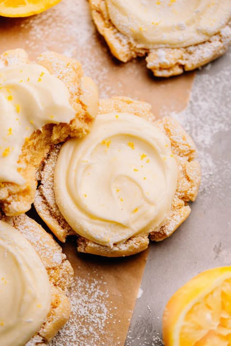 Honey Lemon Cookies, Frosted Lemon Cookies, Sourdough Lemon Cookies, Summer Baked Goods, Cookie Recipes Lemon, Chewy Lemon Cookies, Lemon Recipe, Lemon Cream Cheese Frosting, Bakery Cookies