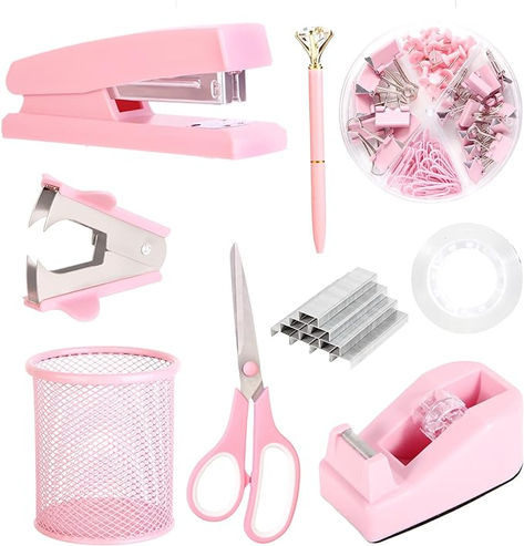 Pink Desk Accessories, Pink Office Supplies Set with Stapler, Tape Dispenser, Staple Remover, Pen Holder, Scissor, Binder/Paper Clips, Ballpoint Pen, Clear Tape and 1000pcs Staples Pink Desk Organizer, Pink Desk Accessories, Pink Tool Set, Pink Office Supplies, Purple Desk, Office Tape, Pink Tools, Cute Desk Accessories, Binder Paper