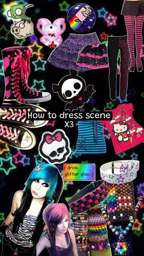 Sence Kid Outfits, Sence Kid Emo, Scene Core Outfit, Scene Outfits Aesthetic, Nikki Core, Scene Art Style, Emo Kandi, Cybergoth Outfits, Scene Core Wallpaper