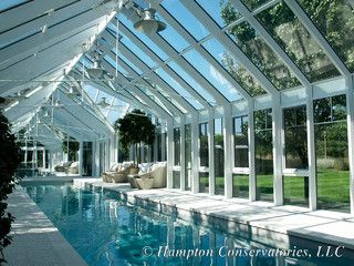 As a design, the floor to ceiling glass provides a natural transition between a natural transition between the interior and exterior spaces. Projecting gables Indoor Pool Design, Dreamy Places, Pool Enclosures, Indoor Greenhouse, Glass Pool, Outdoor Buildings, Dream Pools, Lap Pool, Floor To Ceiling