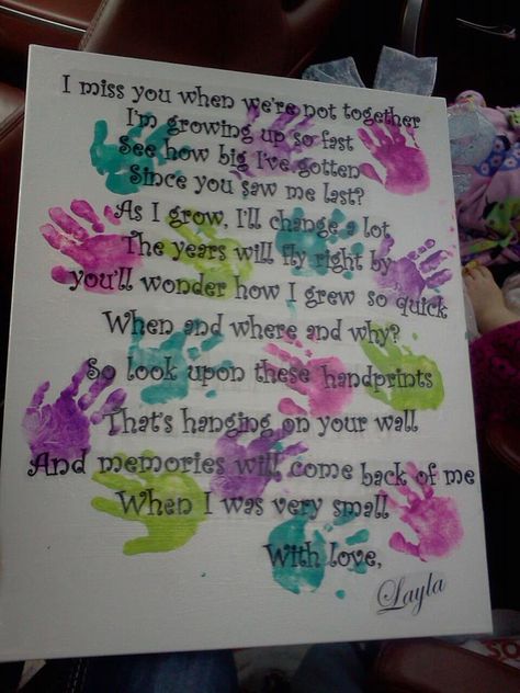 Layla and I made this for her maw-maw & pa-paw.  I miss you when we’re not together  I’m growing up so fast  See how big I’ve gotten  Since you saw me last?  As I grow, I’ll change a lot,  The years will fly right by.  You’ll wonder how I grew so quick  When and where and why?  So look upon these handprints  That’s hanging on your wall.  And memories will come back of me,  When I was very small. Cool Fathers Day Ideas, Mother's Day Theme, Kids Craft Room, Farewell Cards, Will Miss You, Miss You Gifts, Preschool Christmas Crafts, Kids Holiday Gifts, Miss You Cards